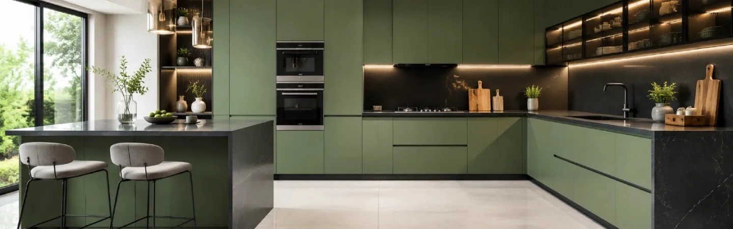 Modern kitchen interior with wooden cabinets and dining area