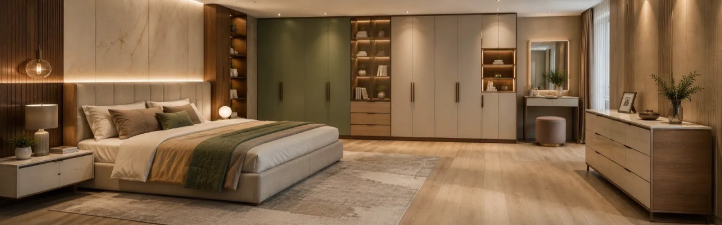 Modern kitchen interior with wooden cabinets and dining area